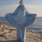 tenue de prière satin bleu gris face